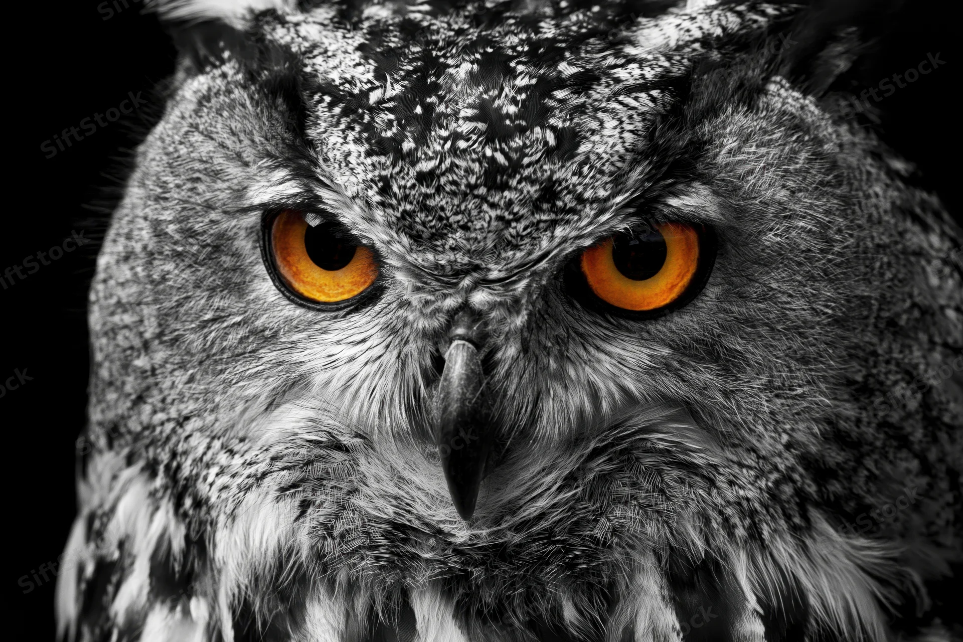 Closeup portrait of a eurasian eagle owl with intense orange eyes against a dark background