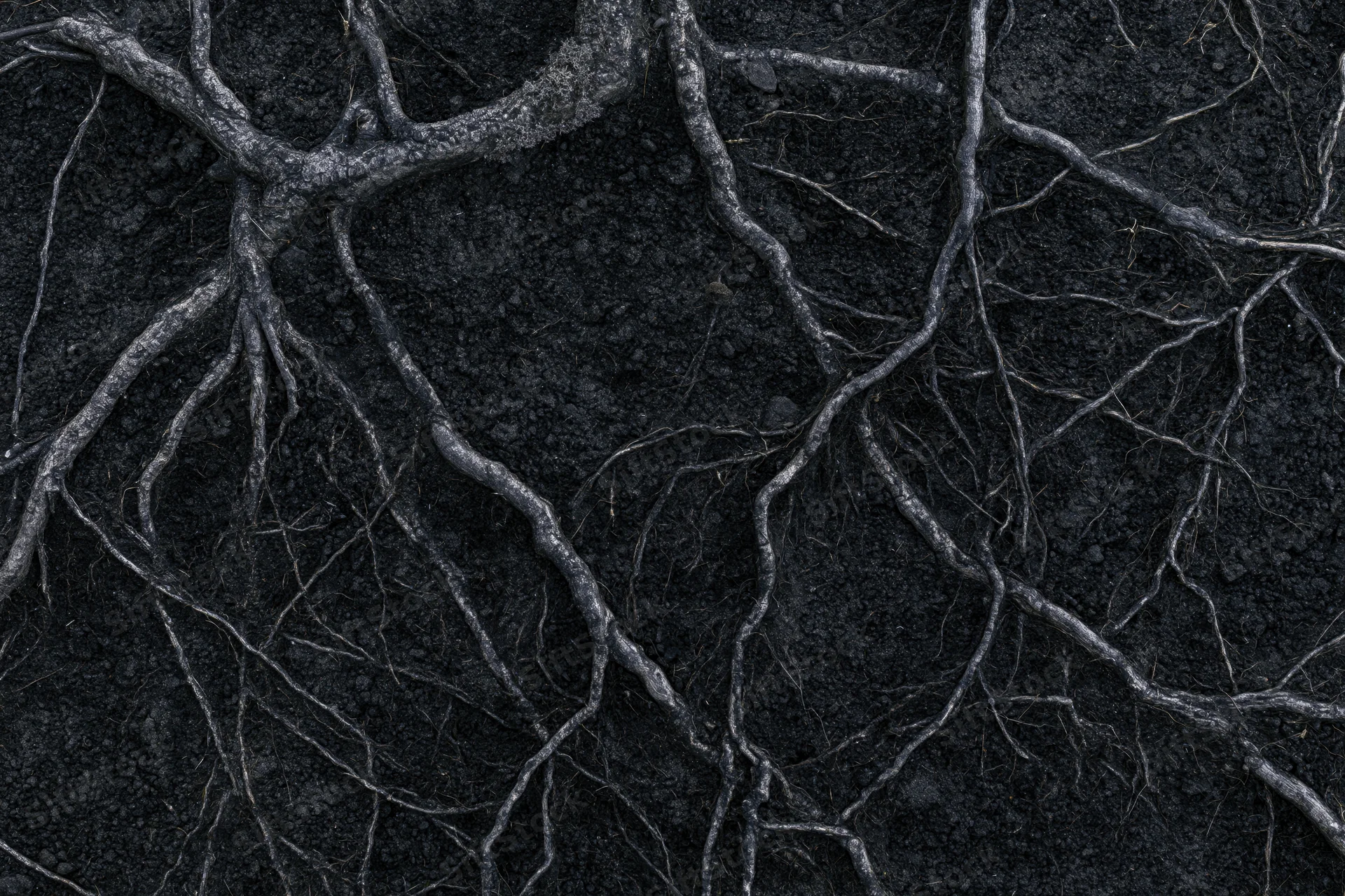Exposed tree roots spreading across dark compacted soil