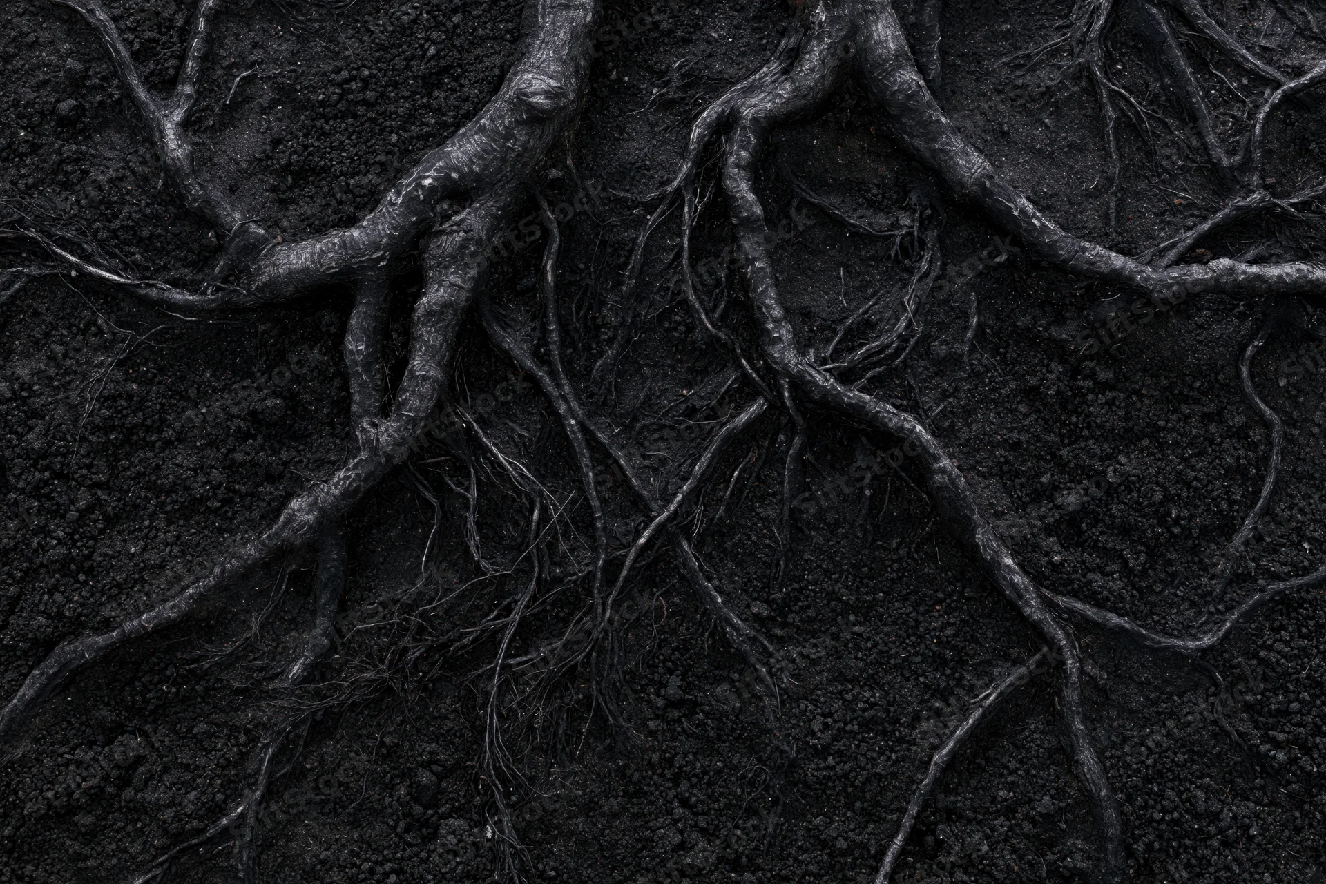 Exposed tree roots spreading across dark compacted soil