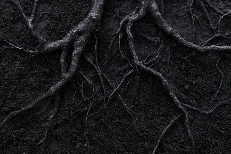 Exposed tree roots spreading across dark compacted soil