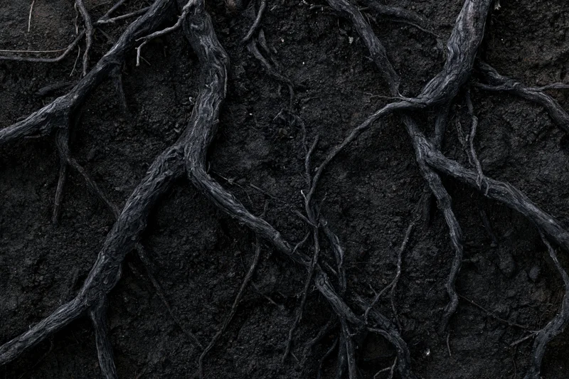 Exposed tree roots spreading across dark compacted soil