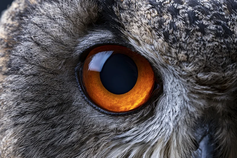 Extreme closeup of an owl's eye showing intense orange iris and detailed gray feathers