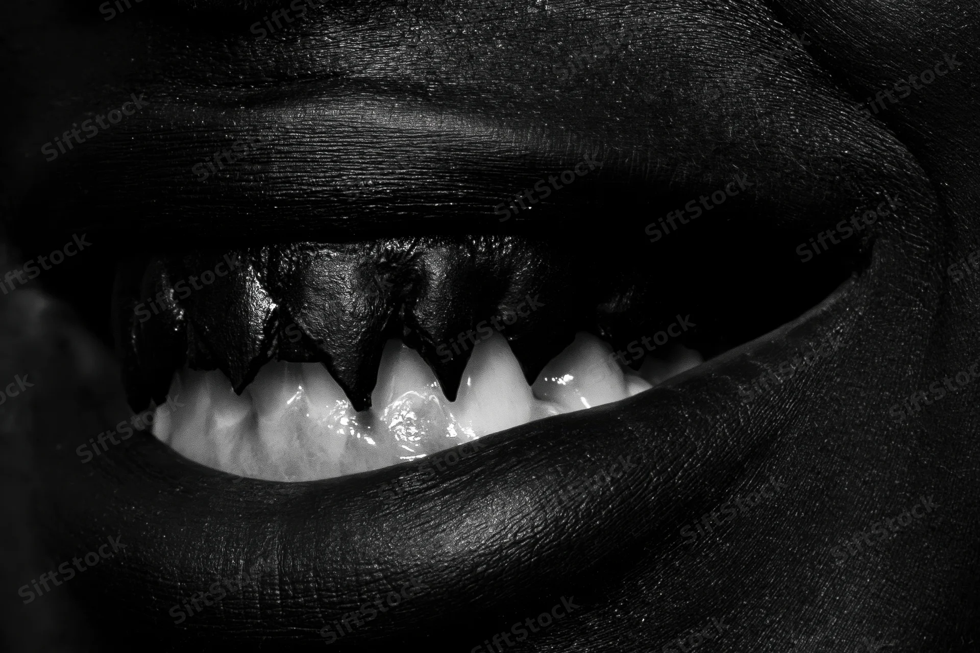 Close-up of a dark-painted mouth with sharp fangs open in a grimace
