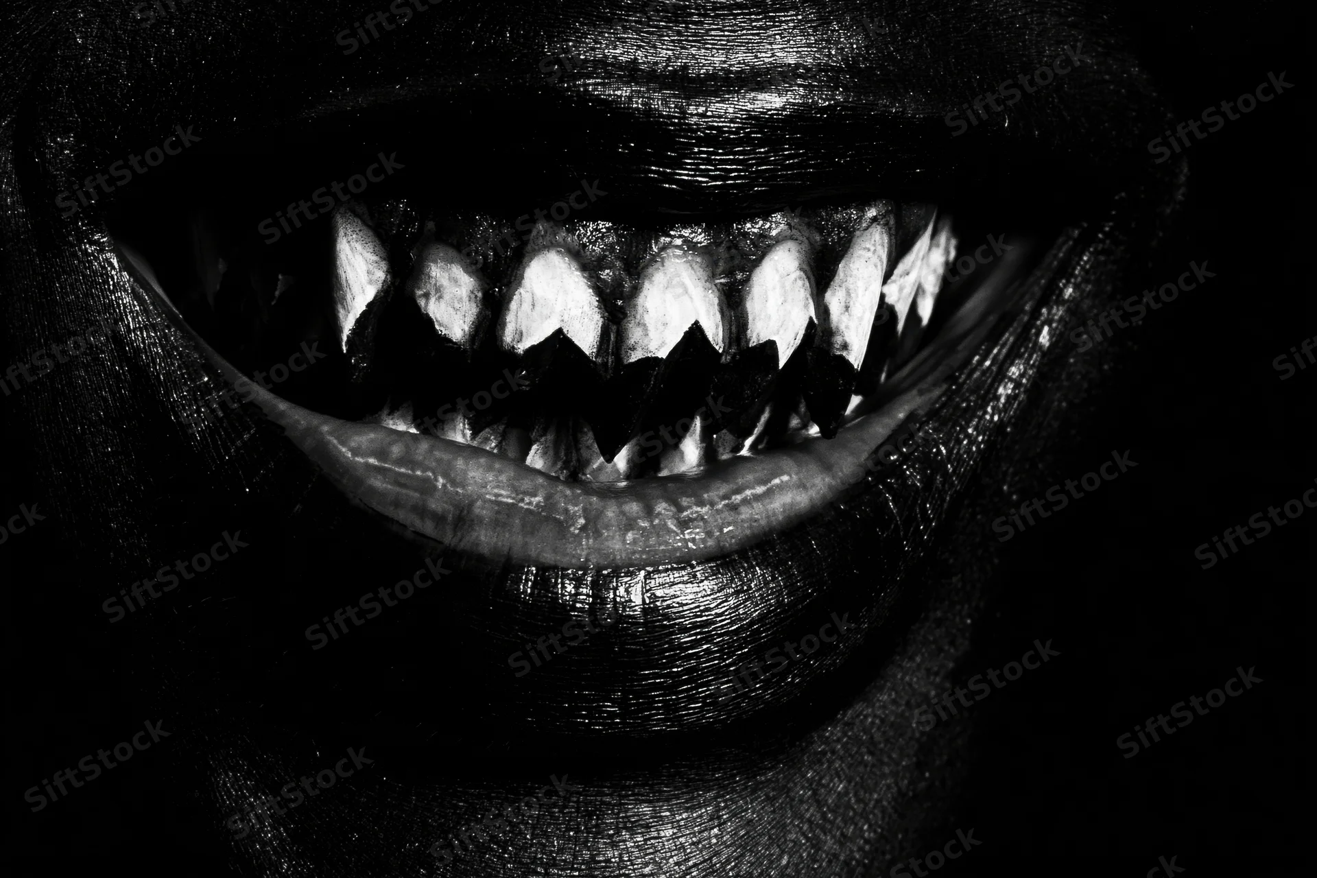 Extreme close-up of a painted mouth with fangs showing in a wide grin