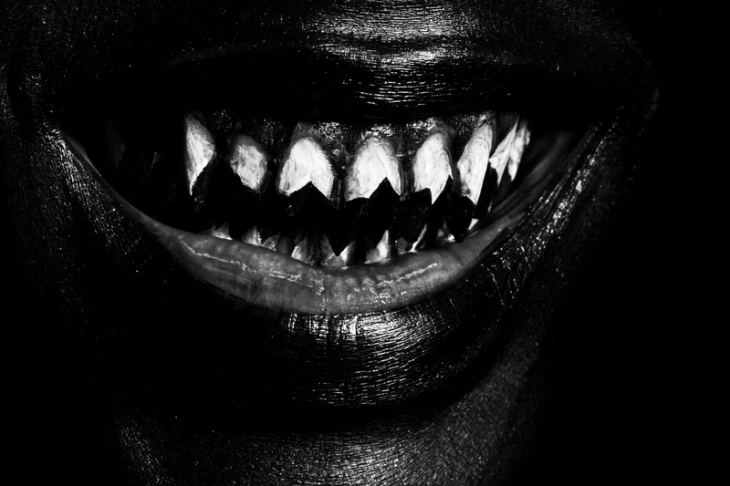 Extreme close-up of a painted mouth with fangs showing in a wide grin