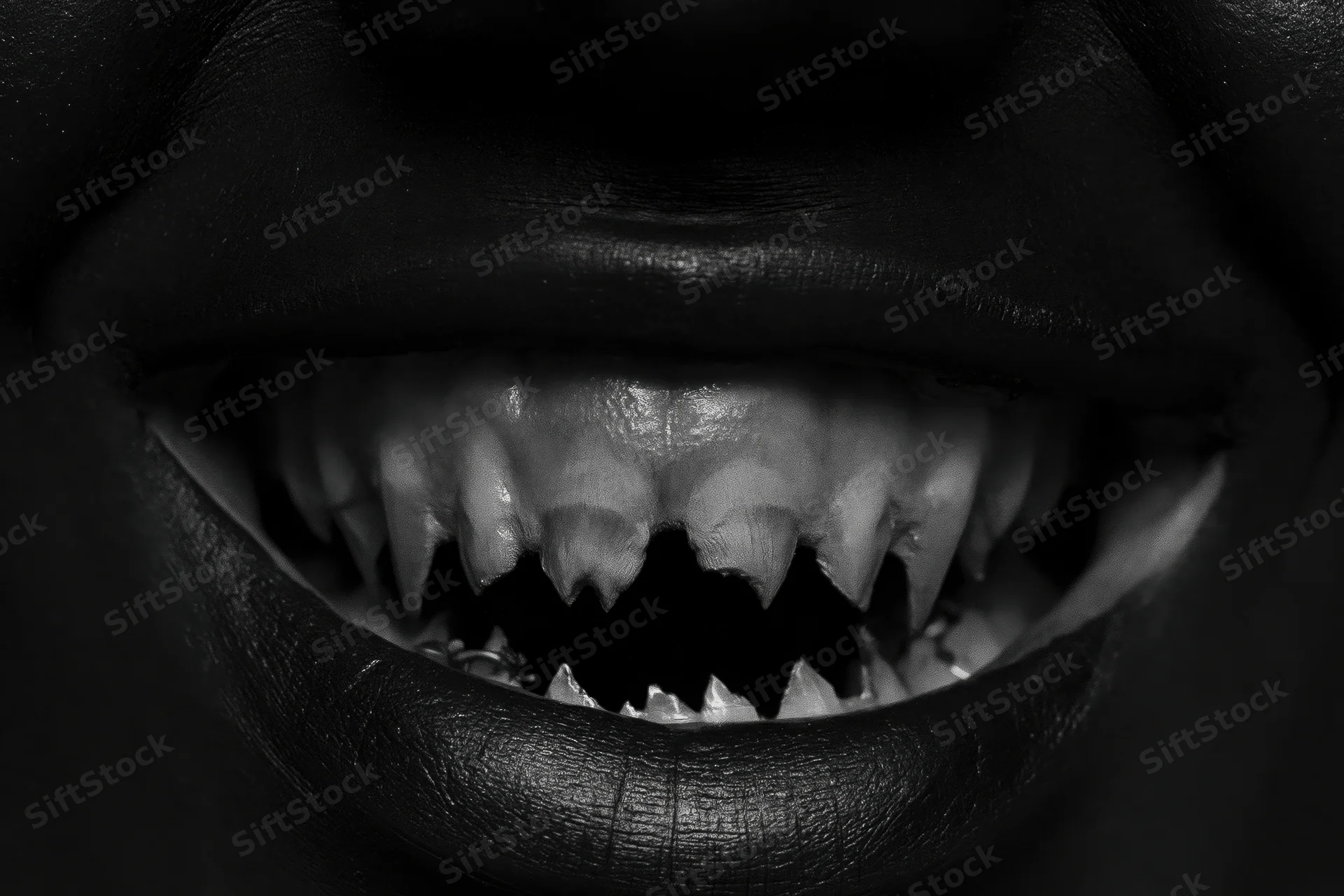 Extreme close-up of a dark-painted mouth with sharp fangs open wide