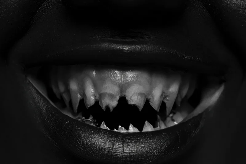 Extreme close-up of a dark-painted mouth with sharp fangs open wide