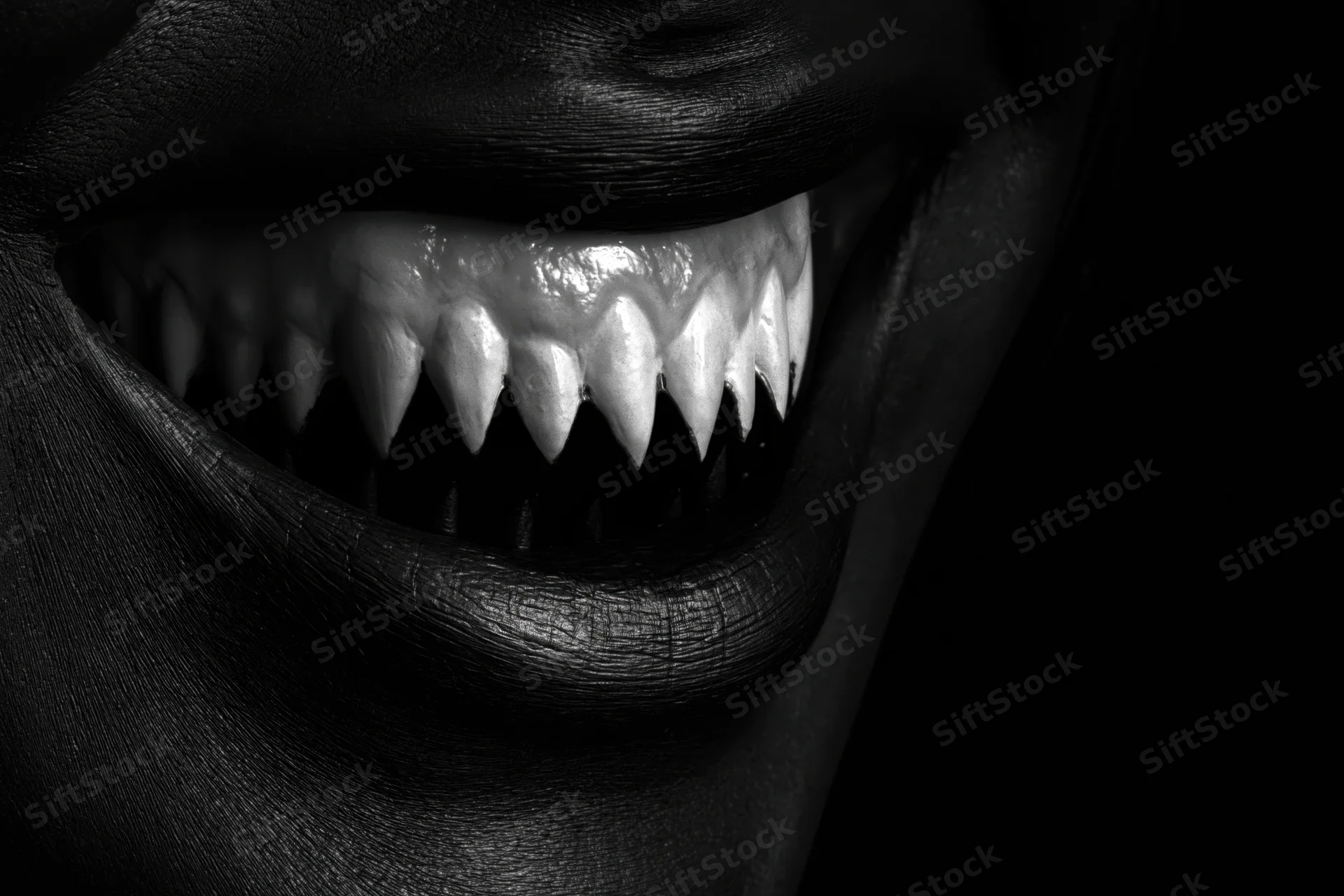 Close-up of a dark-painted human mouth with sharp fangs bared in a grin