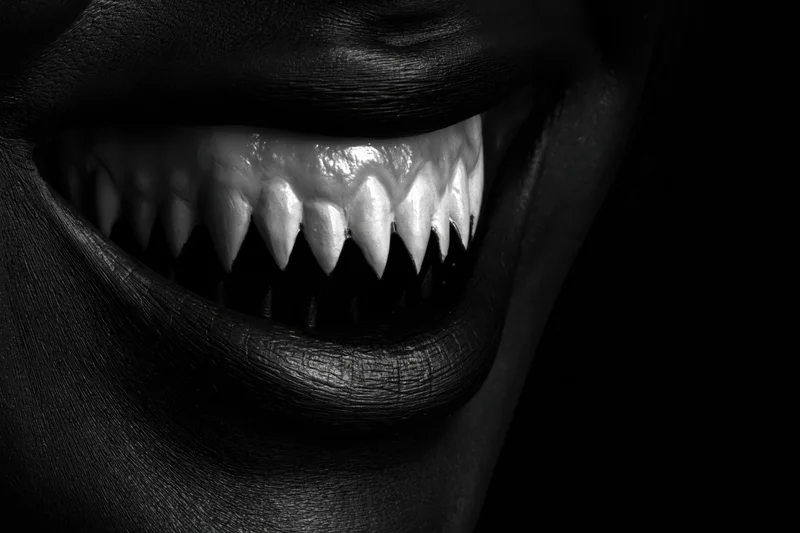Close-up of a dark-painted human mouth with sharp fangs bared in a grin