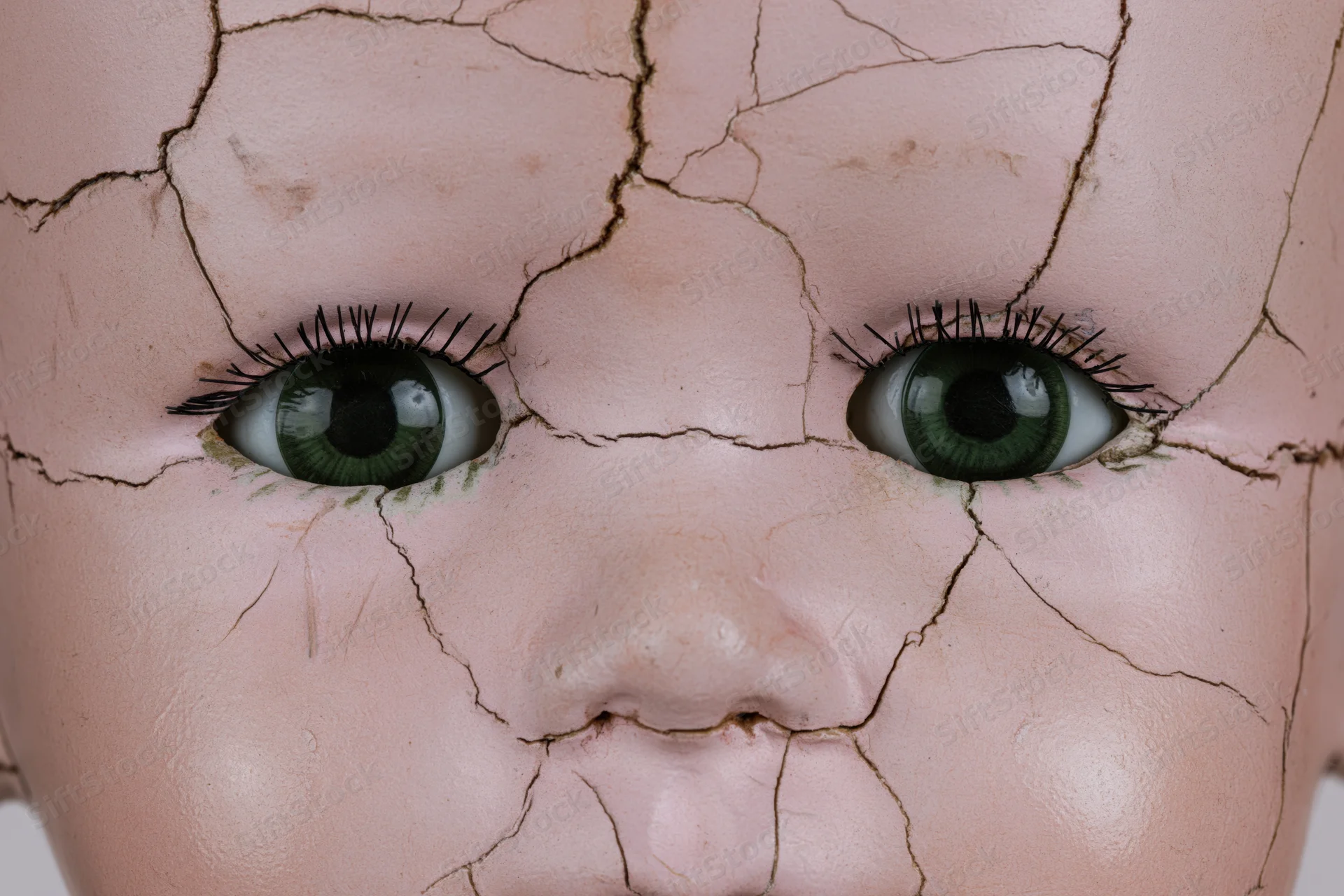 Close-up of cracked porcelain doll face with green eyes showing damage and aging