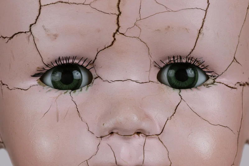 Close-up of cracked porcelain doll face with green eyes showing damage and aging