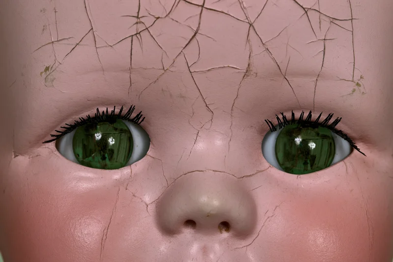 Close-up of a vintage porcelain doll's face showing cracked pink skin and green glass eyes