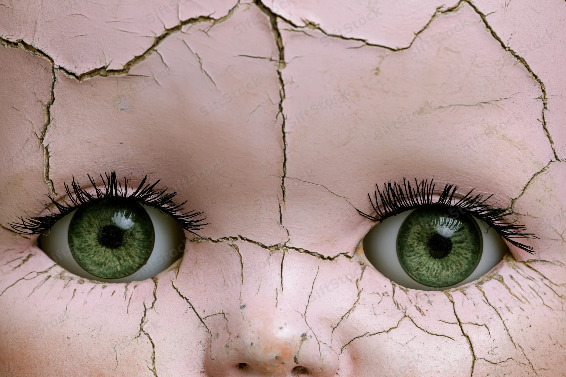 Close-up of green eyes in a cracked porcelain doll face