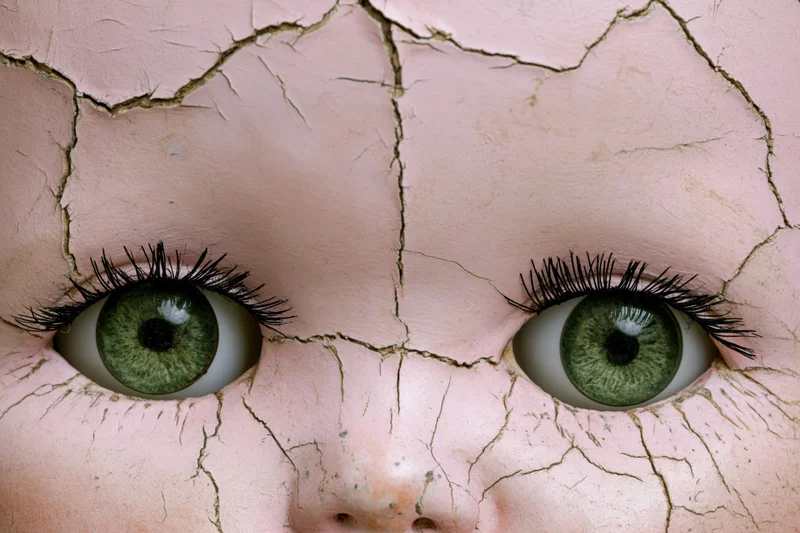 Close-up of green eyes in a cracked porcelain doll face