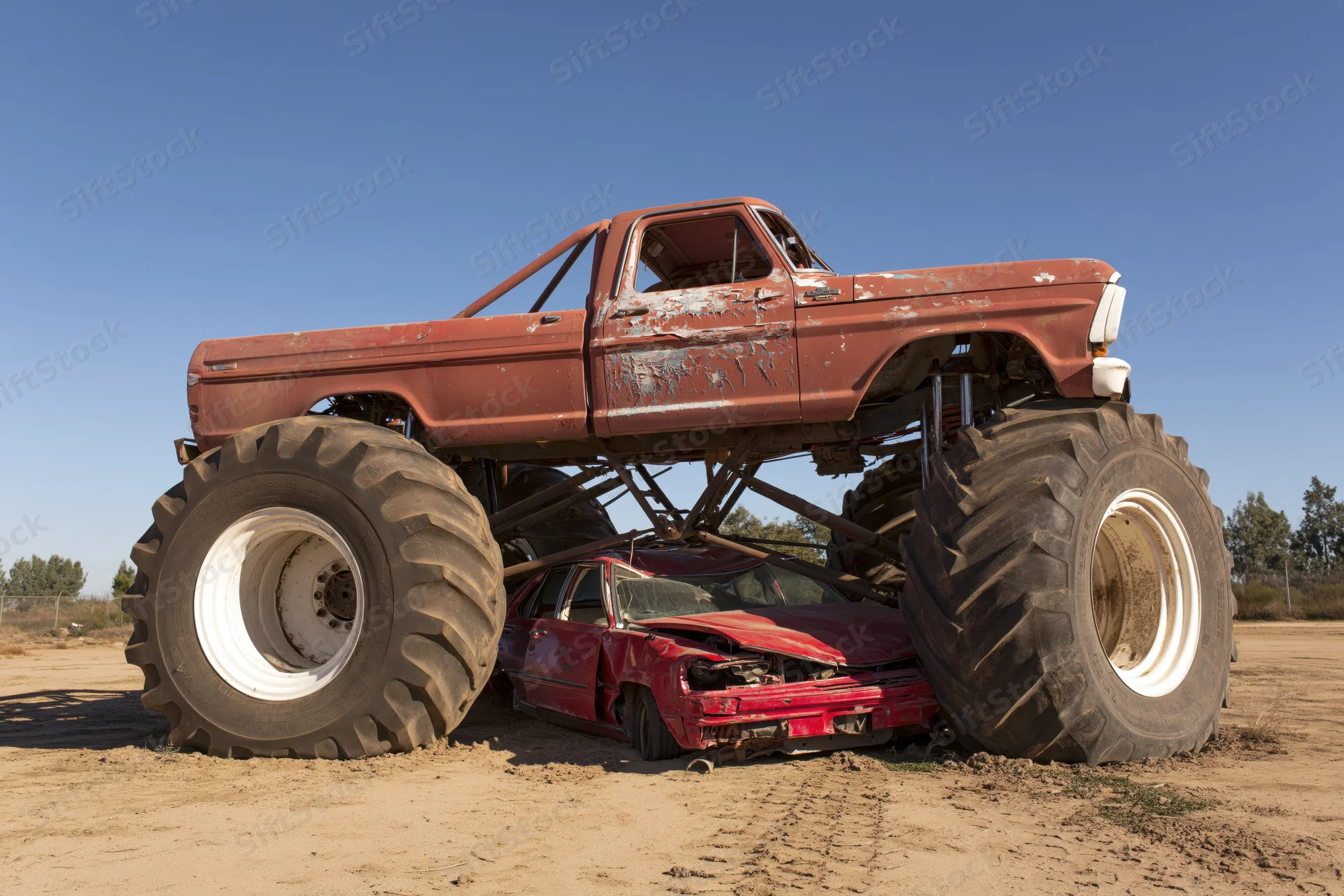 Rust-red monster truck crushing a red car on a dirt field under clear blue sky