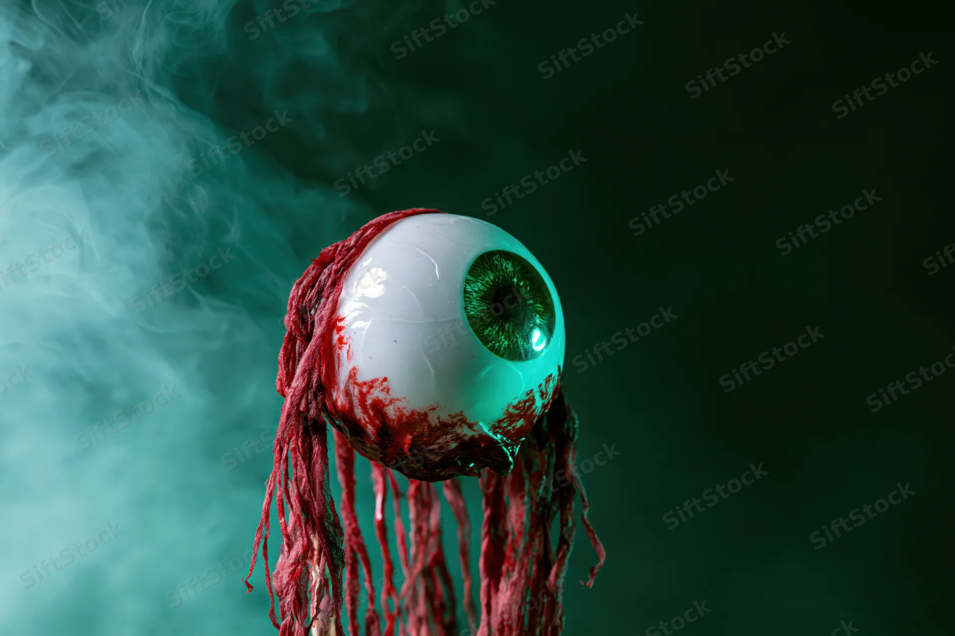 Fake rubber eyeball with green iris and bloodied stringy trails in smoky dark setting