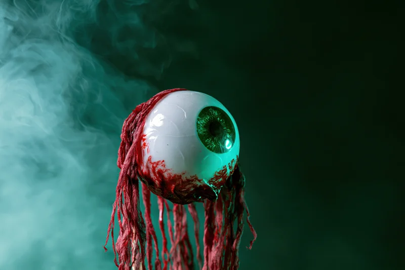 Fake rubber eyeball with green iris and bloodied stringy trails in smoky dark setting