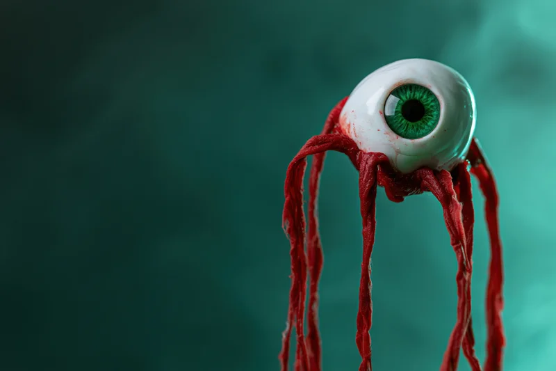 Fake rubber eyeball with green iris and red tentacle-like blood trails against teal background