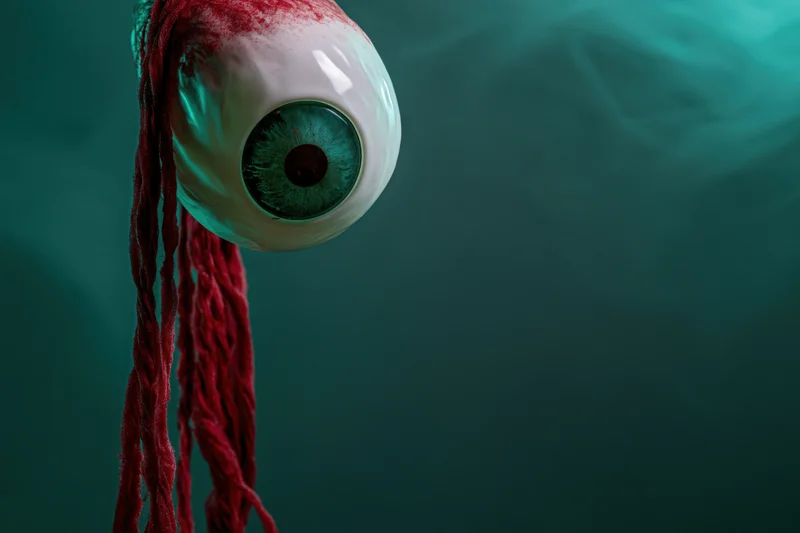 Fake rubber eyeball with green iris and red string trails against dark teal background