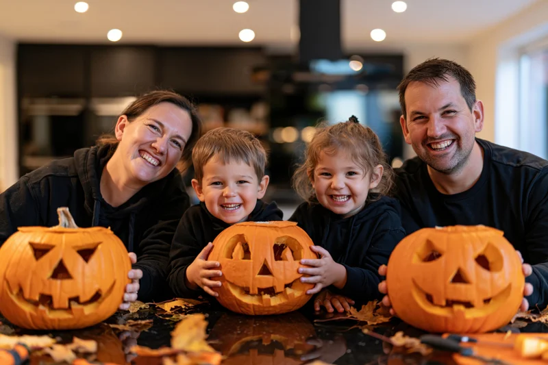 Family of four smiling while holding carved pumpkins at kitchen table