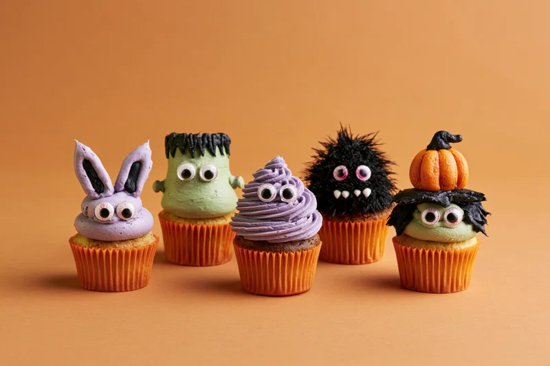 Five halloween-themed cupcakes with monster faces lined up on orange surface