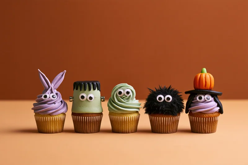 Five halloween-themed cupcakes with monster faces lined up on a warm-toned surface