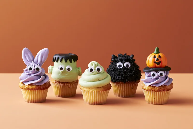 Five halloween-themed cupcakes with monster faces lined up on a warm-toned surface