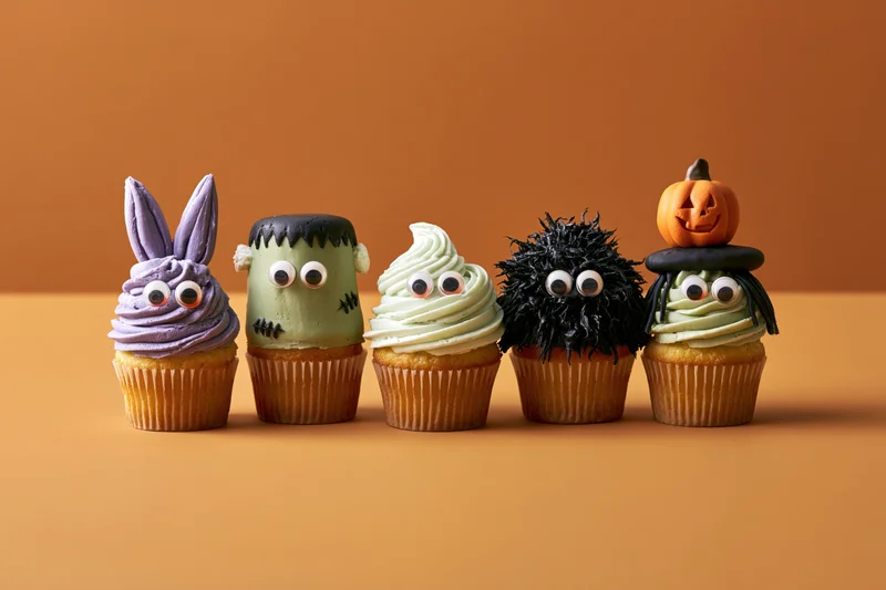 Five halloween-themed cupcakes decorated as monsters lined up on a solid orange surface