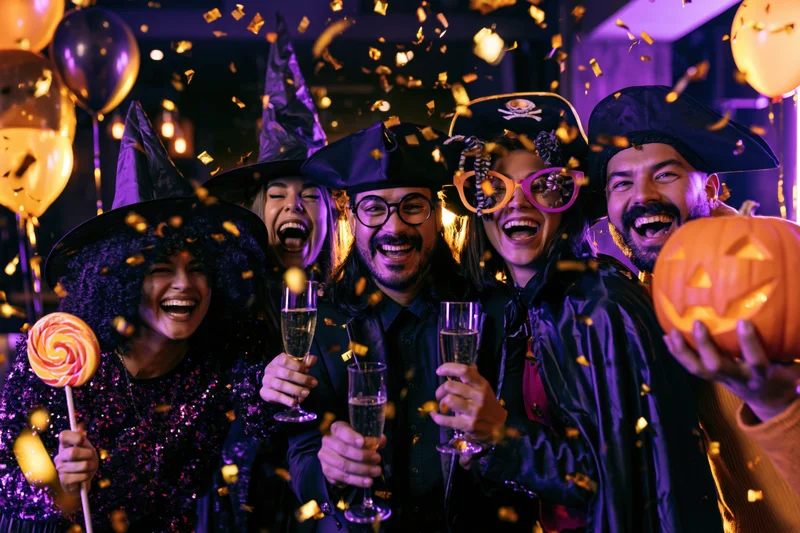 Five adults in halloween costumes laughing and holding drinks and props at an indoor party