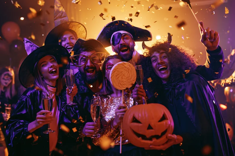 Five adults in halloween costumes celebrating indoors with confetti and champagne