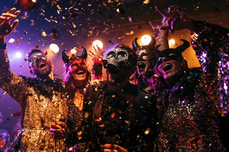 Adults in halloween costumes dancing and celebrating with confetti under colorful lights