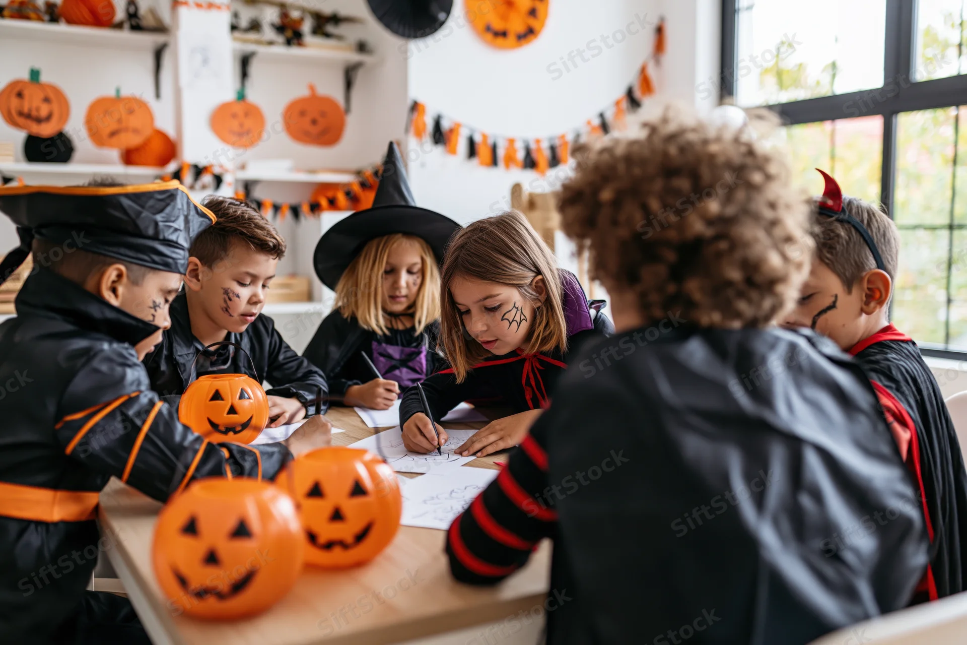 Children in halloween costumes drawing at a table in a decorated classroom