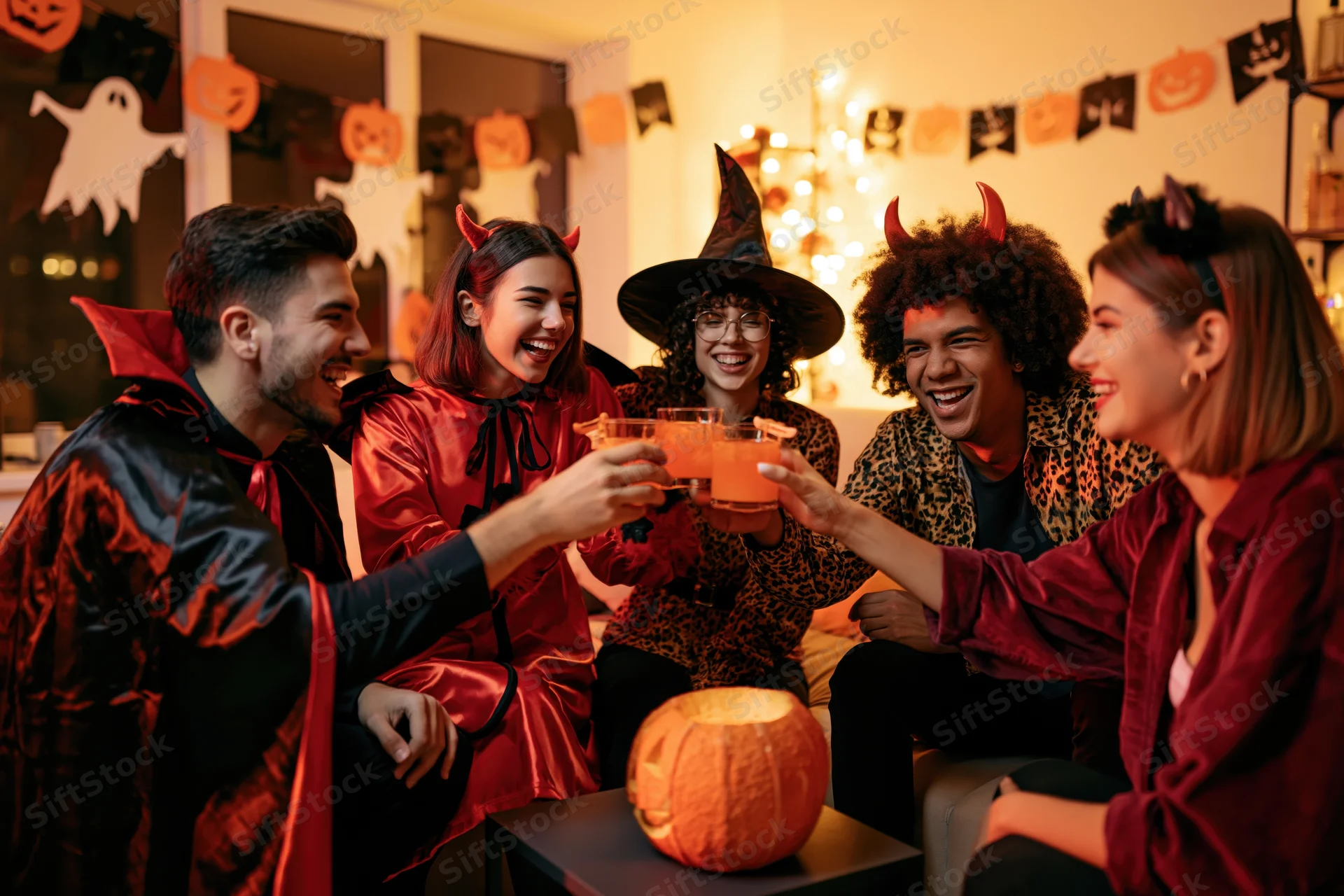 Five friends in halloween costumes toasting with drinks in a decorated living room