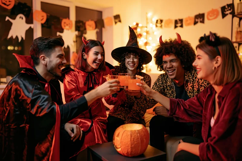 Five friends in halloween costumes toasting with drinks in a decorated living room