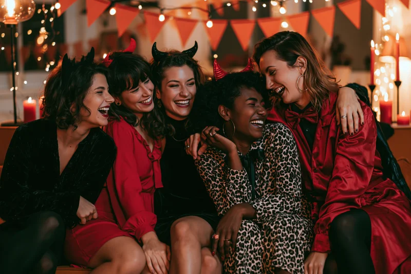 Five women in halloween costumes laughing together indoors at a decorated party