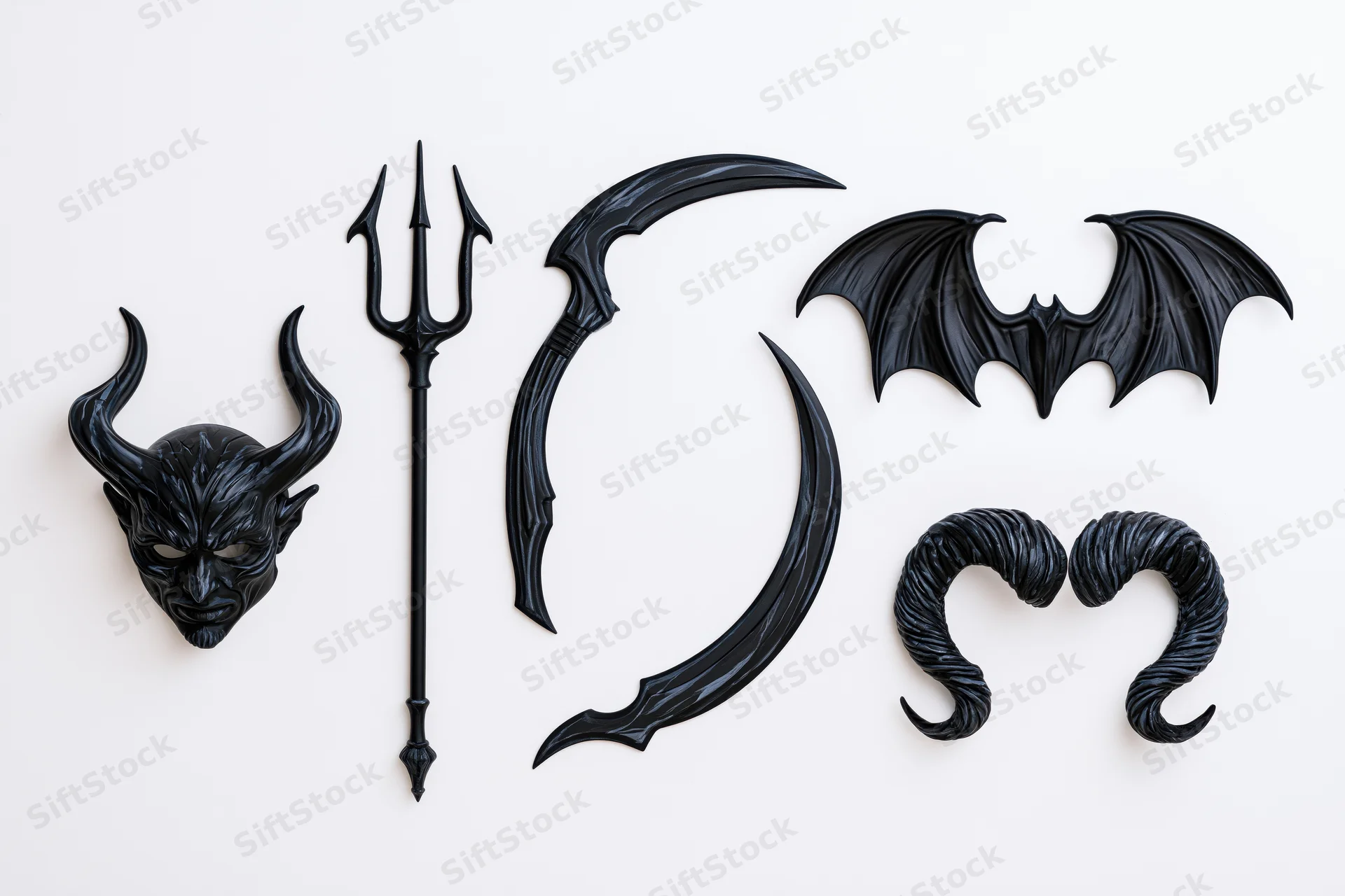 Flat lay of black fantasy devil costume accessories on white background