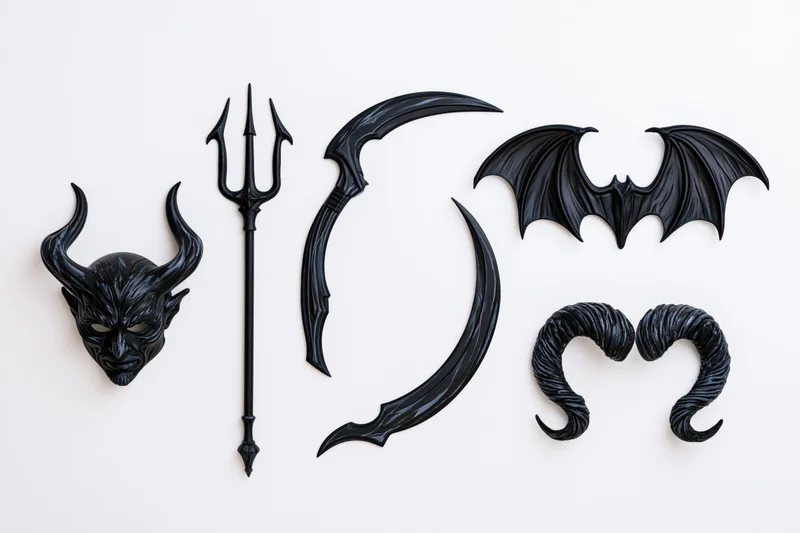 Flat lay of black fantasy devil costume accessories on white background
