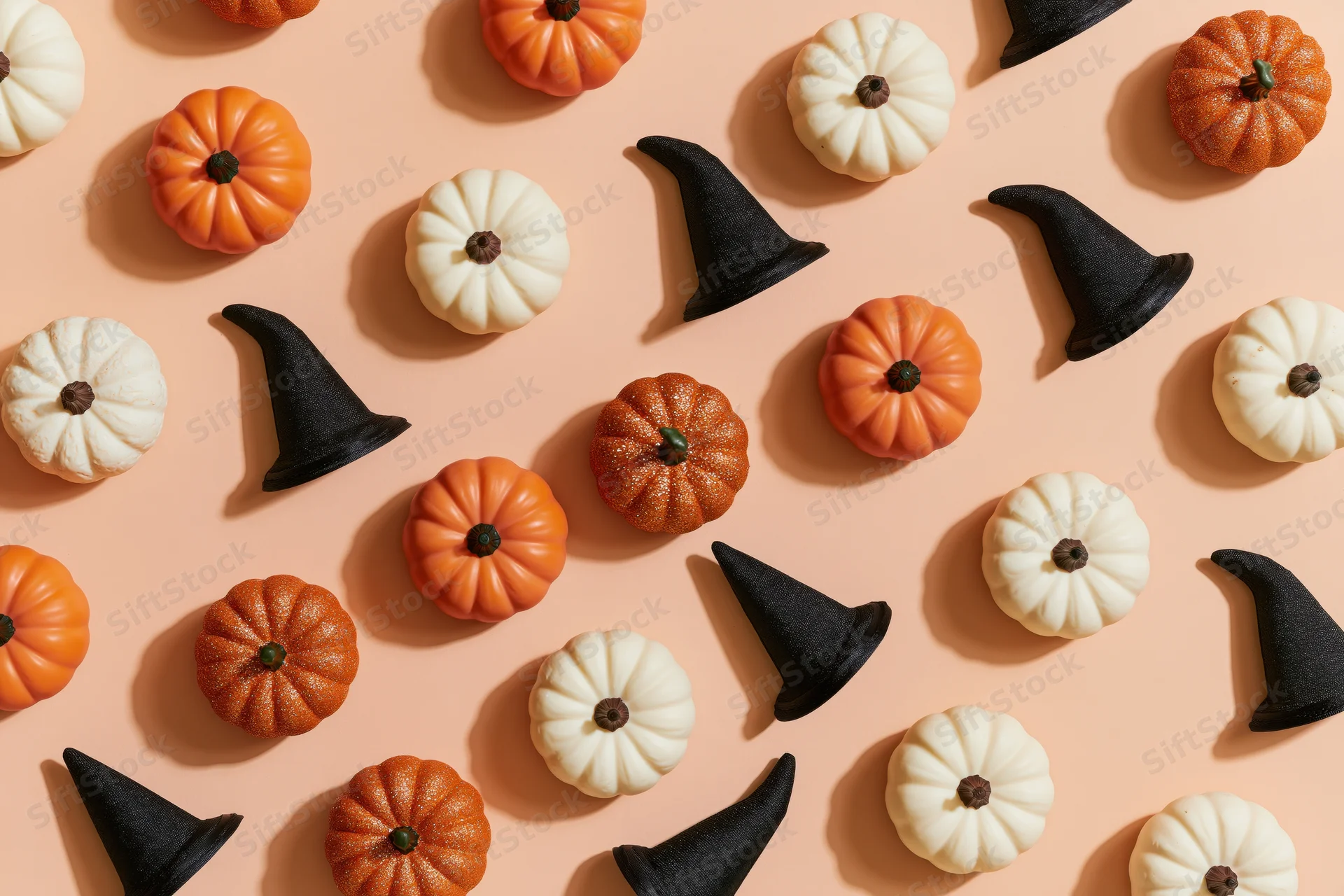 Small decorative pumpkins and witch hats arranged in a flat lay on a peach background