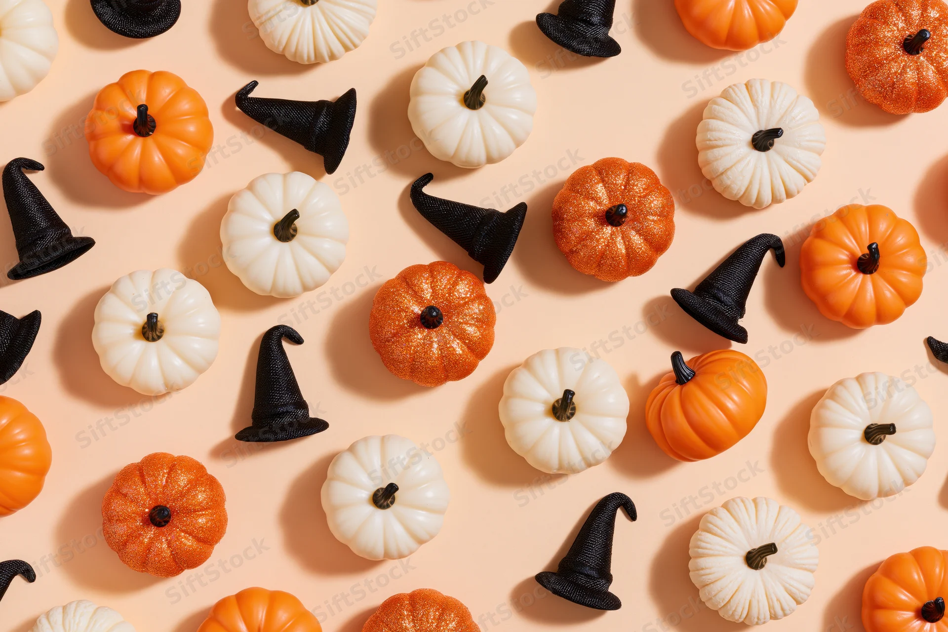 Flat lay of small decorative halloween pumpkins and witch hats arranged on a peach background