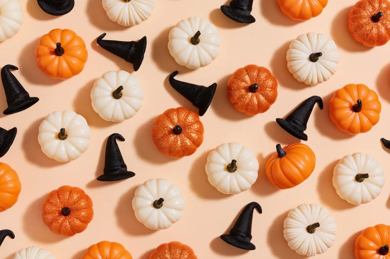 Flat lay of small decorative halloween pumpkins and witch hats arranged on a peach background