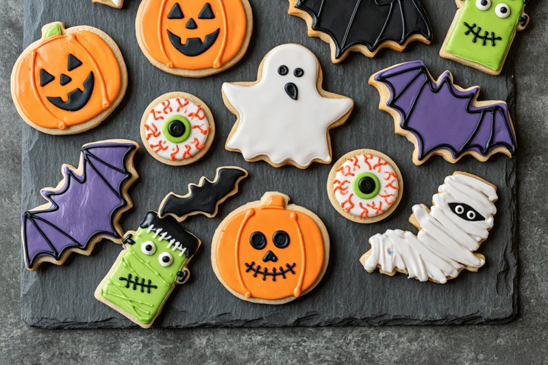 Assorted halloween-themed decorated sugar cookies arranged on a slate tray in flat lay view