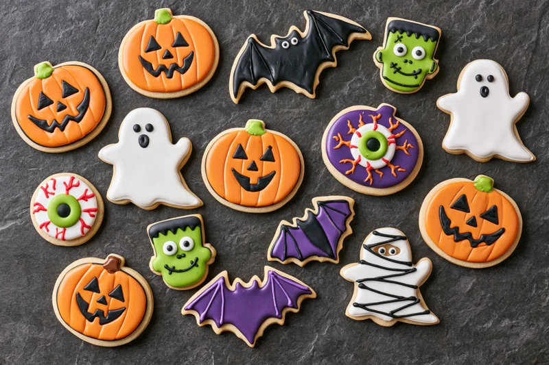 Assorted halloween-themed decorated sugar cookies arranged on dark slate surface