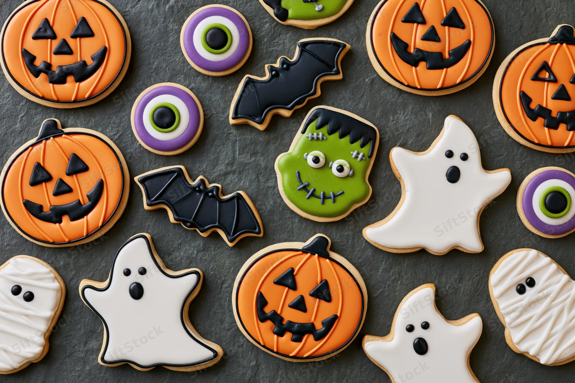 Assorted halloween-themed decorated sugar cookies arranged in flat lay on dark surface