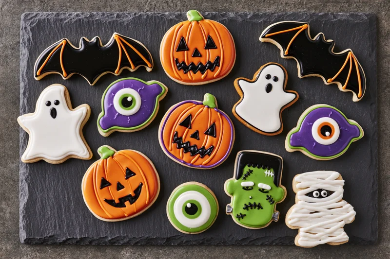 Assorted halloween-themed decorated sugar cookies arranged on a slate tray in flat lay view