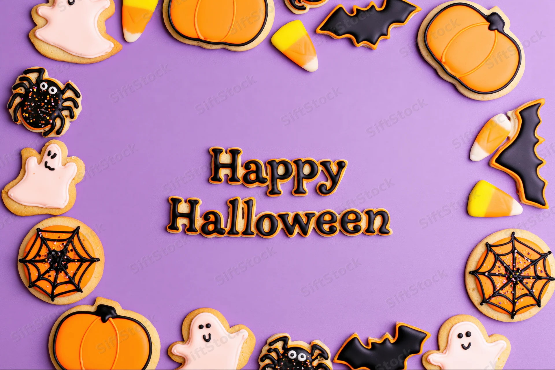 Decorated halloween sugar cookies arranged in a frame on purple background with happy halloween text and copyspace