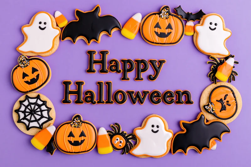 Decorated halloween sugar cookies arranged in a circle with happy halloween text on purple background