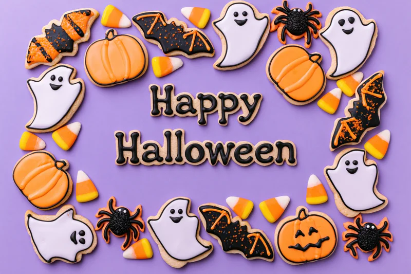 Decorated halloween sugar cookies arranged in a circular pattern on purple background with happy halloween text in center