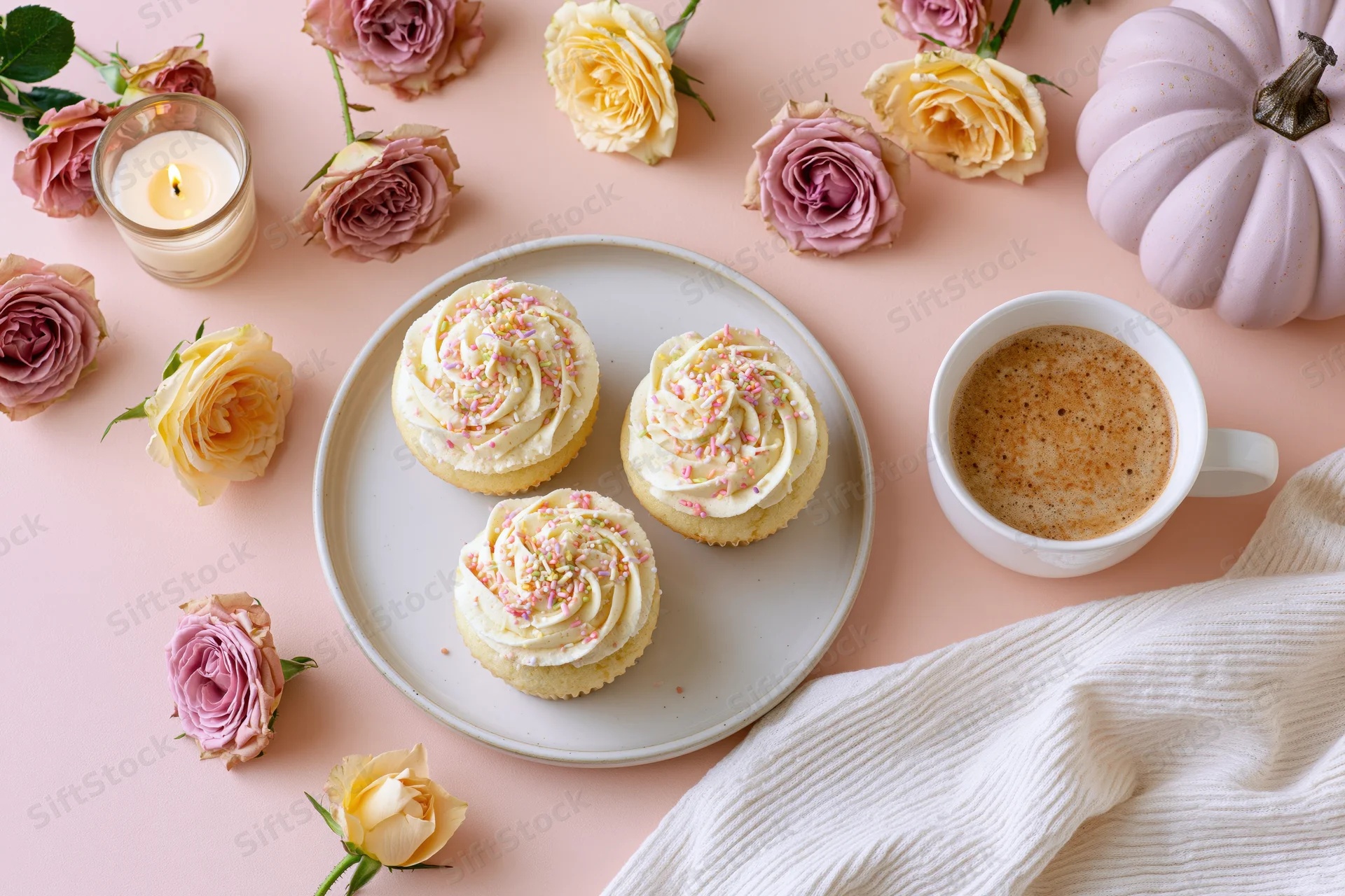 Three frosted cupcakes with pastel sprinkles on a plate surrounded by roses, a pumpkin, coffee, and a candle on a pink surface