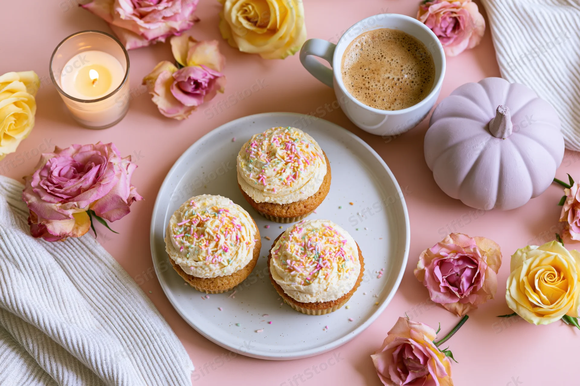 Three frosted cupcakes with pastel sprinkles on a white plate surrounded by roses, a coffee mug, a candle, and a decorative pumpkin on a pink surface