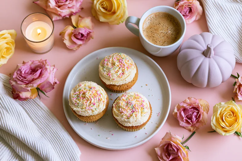 Three frosted cupcakes with pastel sprinkles on a white plate surrounded by roses, a coffee mug, a candle, and a decorative pumpkin on a pink surface